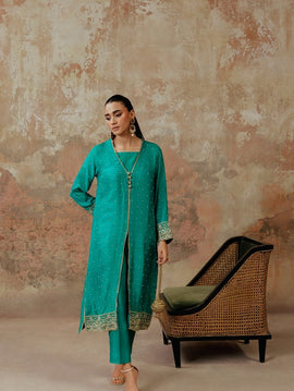 Viridian Green Embroidered Raw Silk - WS06
