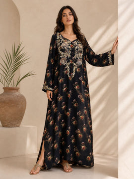 Black Floral Arabic Lawn Kaftan
