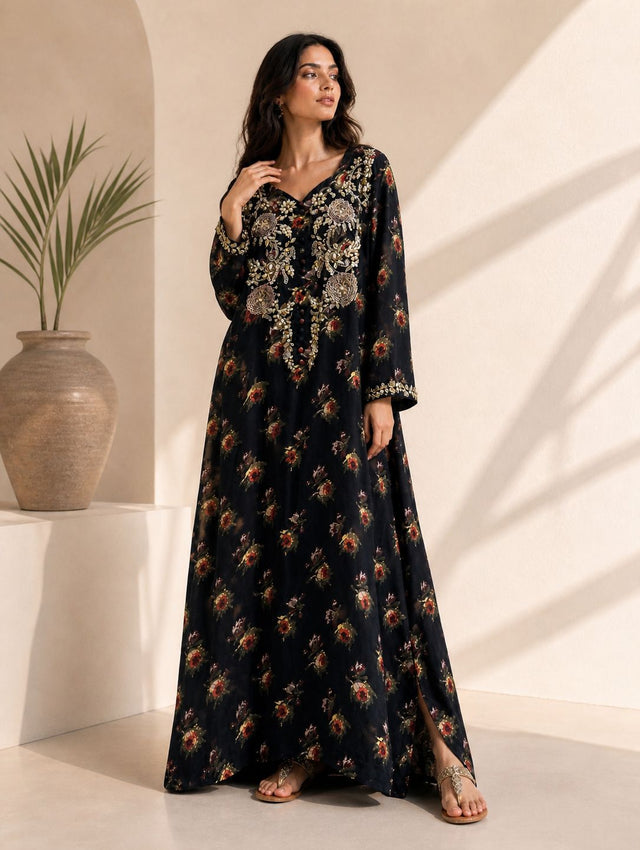 Black Floral Arabic Lawn Kaftan