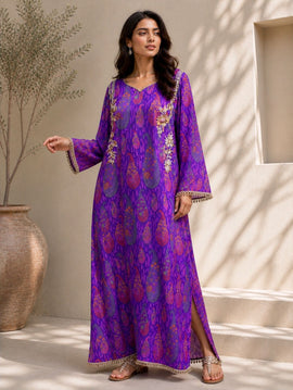 Arabic Lawn Purple Paisley Printed Kaftan