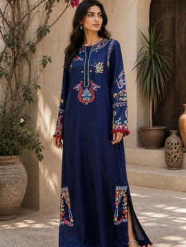 Tussel Silk Navy Blue Embroidered Long Kaftan
