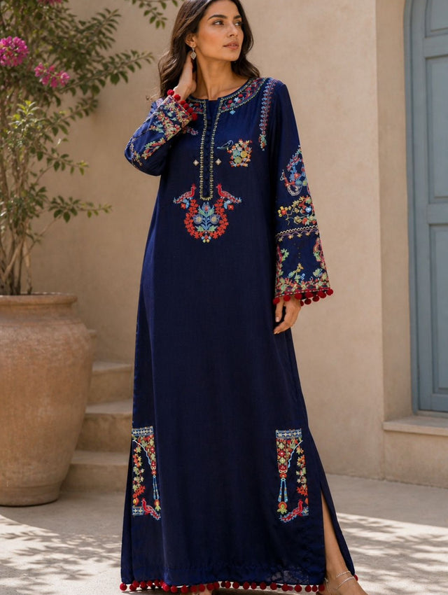 Tussel Silk Navy Blue Embroidered Long Kaftan