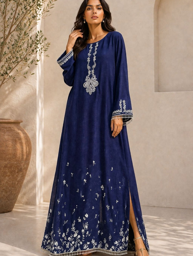 Tussel Silk Navy Blue Kaftan